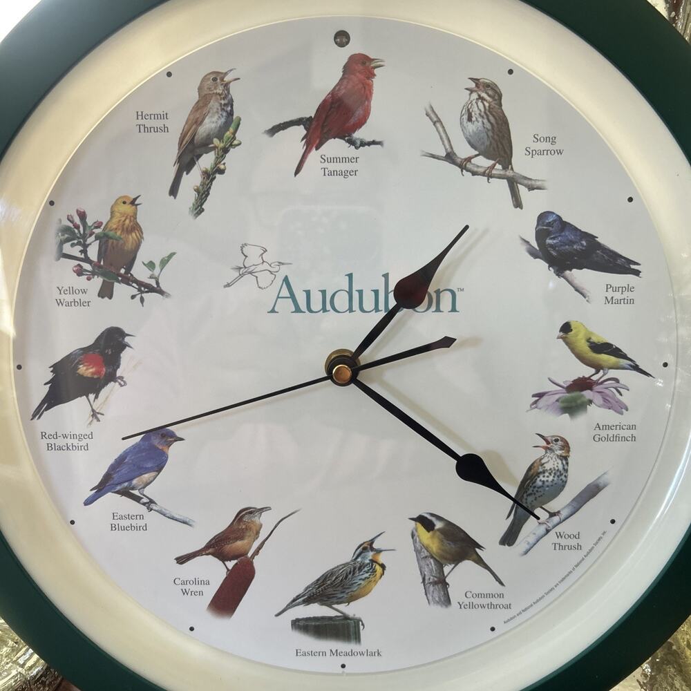 VTG Audubon Bird Clock Singing Sounds National Society 13 1/4" Wall Green WORKS! - Picture 2 of 12